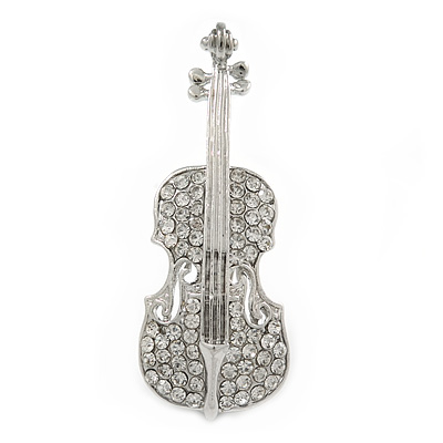 Silver Tone Clear Crystal Violin Musical Instrument Brooch - 50mm - main view