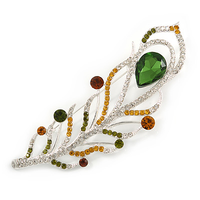Large Clear, Citrine, Olive Crystal, CZ Peacock Feather Brooch In Rhodium Plating - 10cm - main view