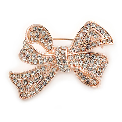 Stunning Clear Crystal Bow Brooch In Rose Gold Tone Metal - 45mm - main view