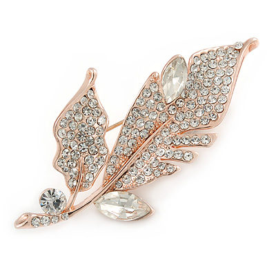 Exquisite Clear Crystals Cz Leaf Brooch In Rose Gold Tone Metal - 65mm L - main view