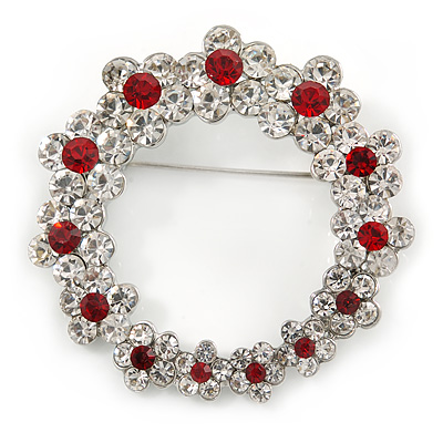 Rhodium Plated Clear/ Ruby Red Crystal Wreath Brooch - 45mm
