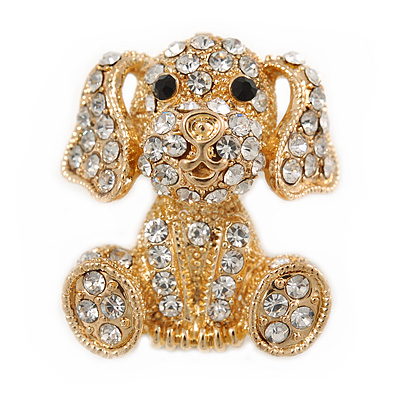 Gold Plated Clear Crystal Puppy Dog Brooch - 25mm