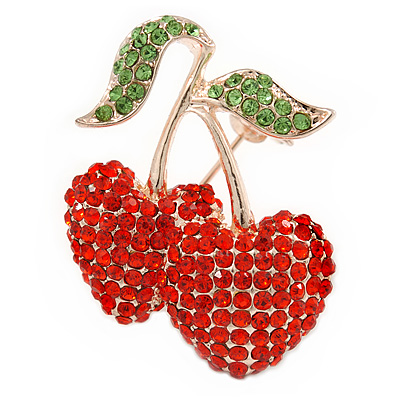 Bright Red, Apple Green Crystal Double Cherry Brooch In Gold Tone Metal - 35mm