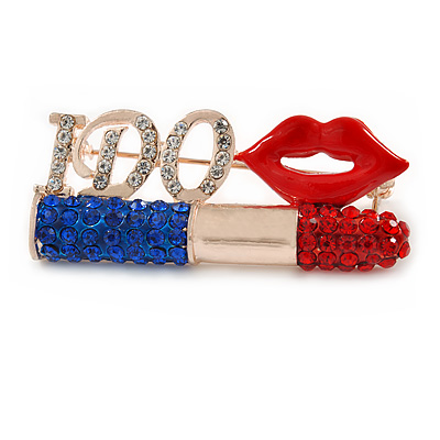 Gold Tone Crystal Lipstick, Lips, I Do Brooch - 50mm - main view