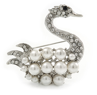 Clear Crystal, White Glass Pearl Swan Brooch In Rhodium Plating - 45mm - main view