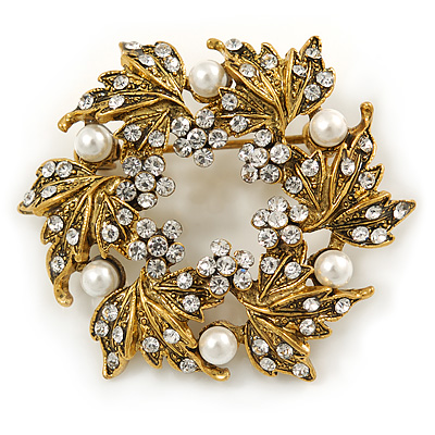 Clear Crystal, White Simulated Pearl Wreath Brooch In Gold Plating - 4cm D