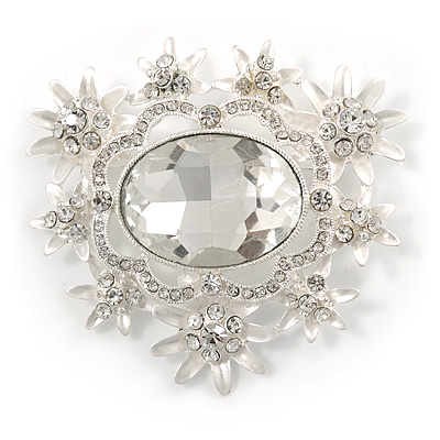 Light Silver Tone Clear Glass Stone Corsage Brooch - 65mm - main view