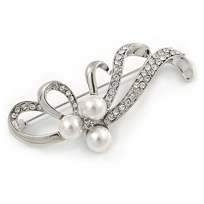 Fancy Simulated Pearl Crystal Floral Brooch In Rhodium Plated Metal - 60mm L - main view