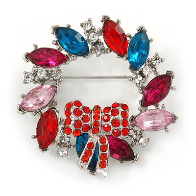 Red/ Pink/ Teal Crystal Christmas Holly Wreath Brooch In Silver Tone - 40mm - main view