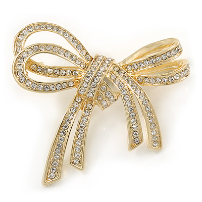 Double Bow Clear Crystal Brooch In Bright Gold Tone Metal - 55mm W - main view