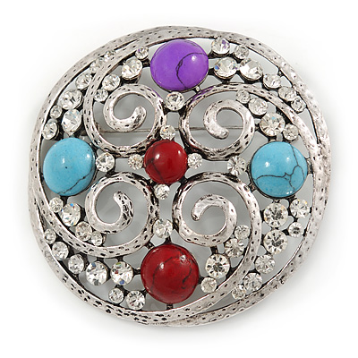 Large Vintage Inspired Round Acrylic Stone, Crystal Brooch In Silver Tone - 63mm D - main view