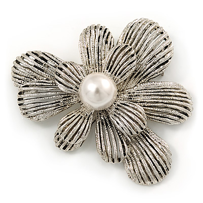 Vintage Inspired Layered Textured Flower Brooch In Silver Tone Metal - 60mm