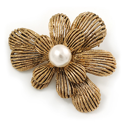 Vintage Inspired Layered Textured Flower Brooch In Gold Tone Metal - 60mm - main view