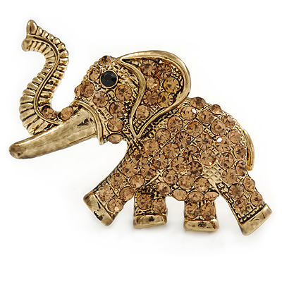 Vintage Inspired Citrine Coloured Austrian Crystal Running Elephant Brooch In Antique Gold Tone - 55mm W