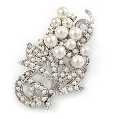White Simulated Pearl Grapes Brooch In Rhodium Plated Metal - 50mm - main view