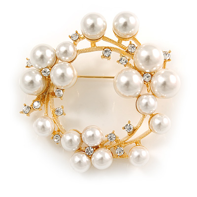 White Glass Pearl, Clear Crystal Wreath Brooch In Gold Tone Metal - 55mm D - main view