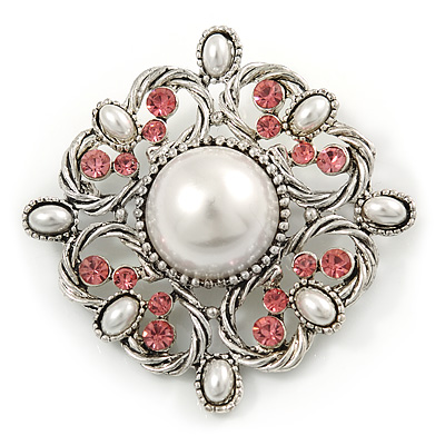 Vintage Bridal Corsage Simulated Pearl Pink Crystal Brooch In Silver Tone Metal - 50mm D - main view