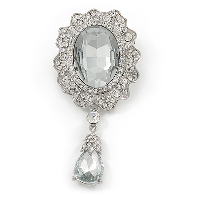 Bridal/ Prom/ Wedding Clear Glass Crystal Oval Charm Brooch In Rhodium Plating - 85mm L