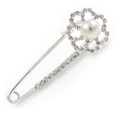 Small Crystal Pearl Flower Pin Brooch In Rhodium Plating - 55mm L - main view
