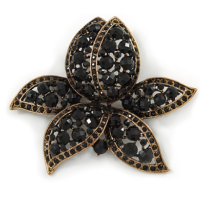 Large Black Diamante Floral Brooch/ Pendant In Bronze Tone Metal - 90mm - main view
