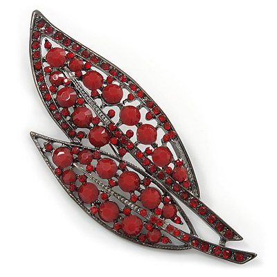 Large, Vintage Inspired Red Acrylic/ Crystal Bead Two Leaf Brooch In Gun Metal Tone - 10cm L - main view