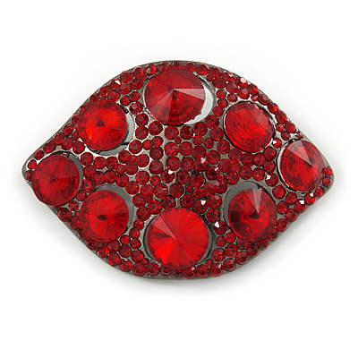 Abstract Ruby Red Glass, Crystal Leaf Brooch In Gun Metal Finish - 75mm