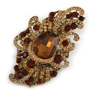Large Victorian Style Champagne/ Amber Coloured Crystal Brooch In Antique Gold Plating - 10cm L - main view