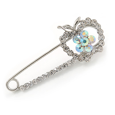 Rhodium Plated Clear Crystal Apple Safety Pin Brooch - 65mm L