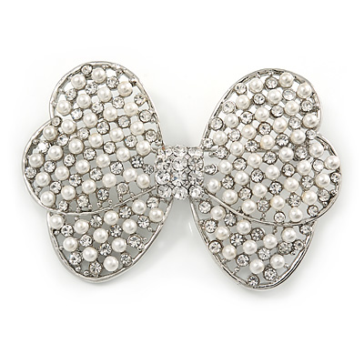 Simulated Pearl Clear Crystal Bow Brooch In Rhodium Plating - 65mm - main view