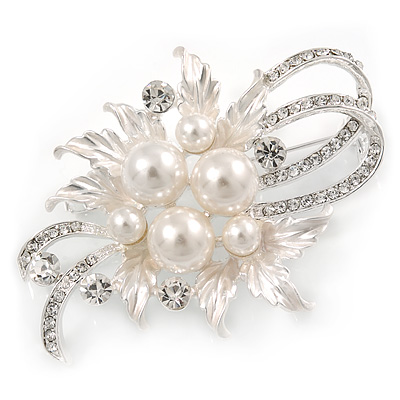 Exquisite Glass Pearl Austrian Crystal Floral Brooch In Light Silver Tone - 60mm L - main view