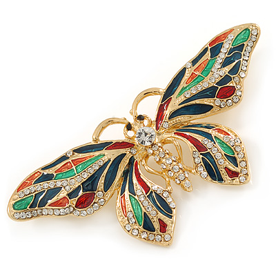 Multicoloured Enamel, Crystal Butterfly Brooch In Gold Tone Metal - 80mm W - main view