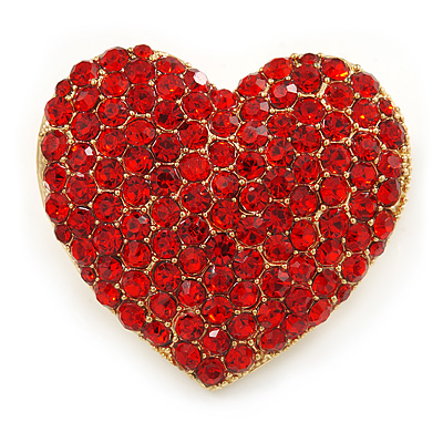 Red Austrian Crystal Pave Set Heart Brooch In Bright Gold Tone Metal - 35mm L