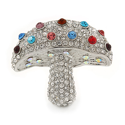 Crystal Quirky Mushroom Brooch In Rhodium Plated Metal - 40mm W - main view
