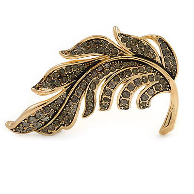 Exquisite Grey Crystal Leaf Brooch In Gold Tone - 60mm - main view