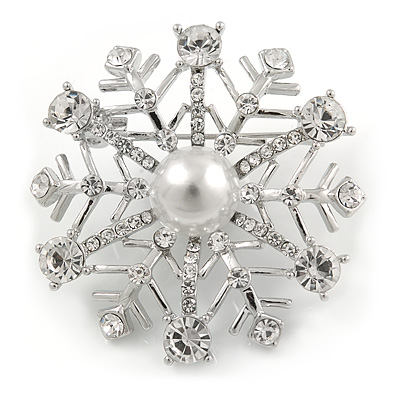 Rhodium Plated Clear Crystal Snowflake Brooch/ Pendant - 45mm
