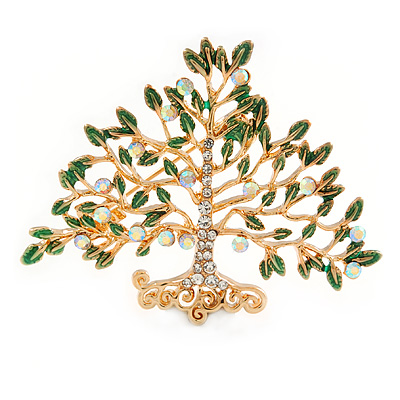 Clear Crystal, Green Enamel Tree Of Life Brooch In Gold Plating - 50mm - main view