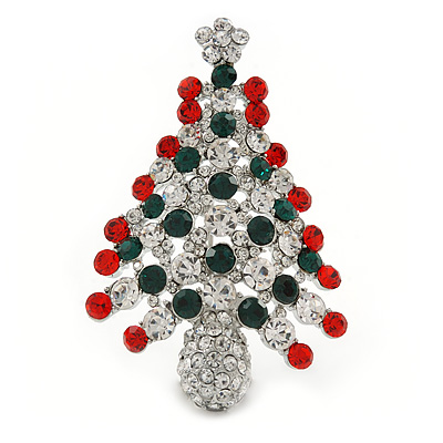 Holly Jolly Red, Green, Clear Austrian Crystals Christmas Tree Brooch/ Pendant In Rhodium Plating - 55mm L - main view