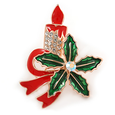 Holly and Christmas Red, Green Enamel Crystal Candle Brooch/ Pendant In Rose Gold Tone - 45mm L - main view