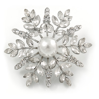 Rhodium Plated Clear CZ, Crystal Snowflake Brooch/ Pendant - 48mm - main view