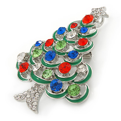 Clear Austrian Crystals Christmas Tree Brooch//Pendant in Rhodium Plating 55mm L Avalaya Holly Jolly Red Green