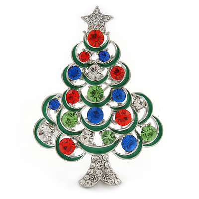 Holly Jolly Red, Green, Clear, Blue Austrian Crystals Christmas Tree Brooch In Silver Tone - 50mm L - main view