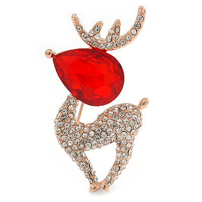 Clear Crystal, Red Cz Christmas Reindeer Brooch In Gold Plating - 45mm - main view
