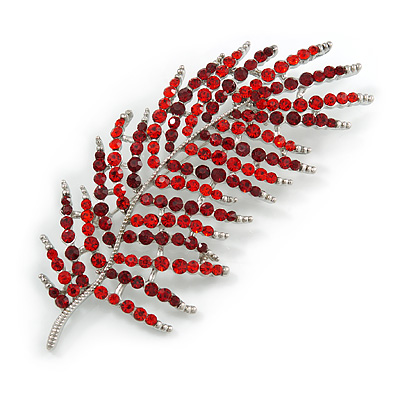 Stunning Large Red/ Burgundy Crystal Leaf Brooch In Silver Tone - 90mm - main view