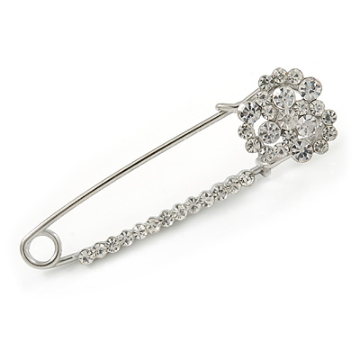 Clear Crystal 3 Petal Flower Safety Pin Brooch In Silver Tone - 65mm L - main view