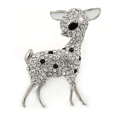 Rhodium Plated Clear/ Black Crystal Fawn Reindeer Brooch - 45mm - main view