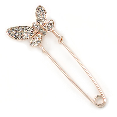 Clear Crystal Assymetrical Butterfly Safety Pin In Gold Tone - 70mm L