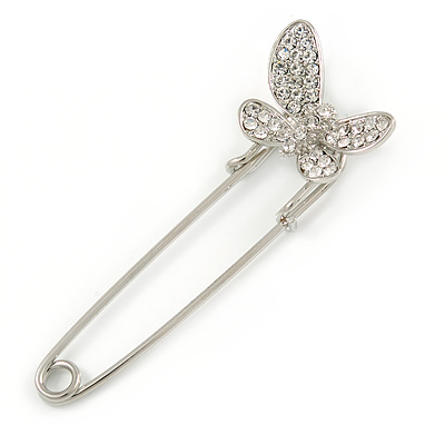 Clear Crystal Assymetrical Butterfly Safety Pin In Silver Tone - 70mm L - main view