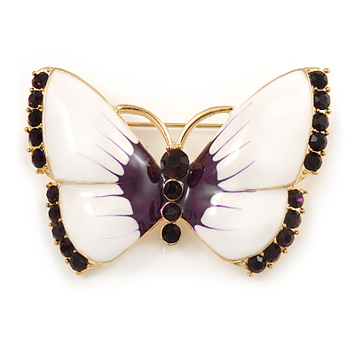 White Eanamel Purple Crystal Butterfly Brooch In Gold Tone Metal - 50mm