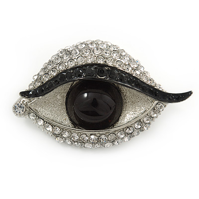 Quirky Black/ Clear Crystal Eye Brooch In Silver Tone Metal - 50mm - main view