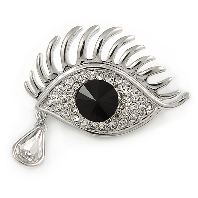 Teardrop And Eye Clear, Black Crystal Brooch In Rhodium Plating - 40mm - main view